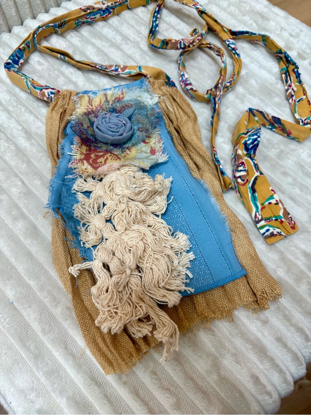 Hand Crafted Blue and Gold Boho Textile Jabot Necklace with Cream Tassel